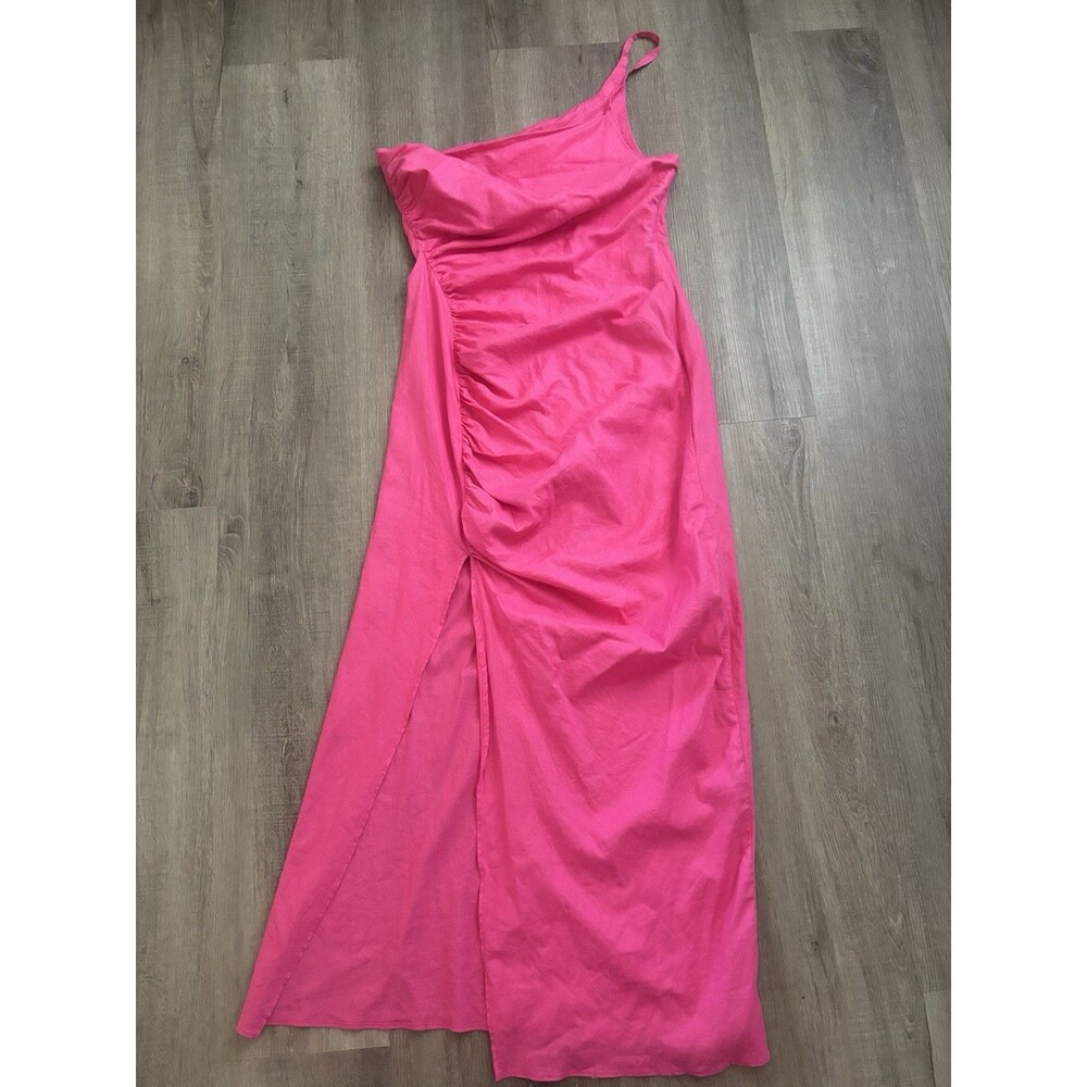 NEW! Zara One Shoulder Pink Maxi Dress Hot Pink Linen Blend Asymmetric M